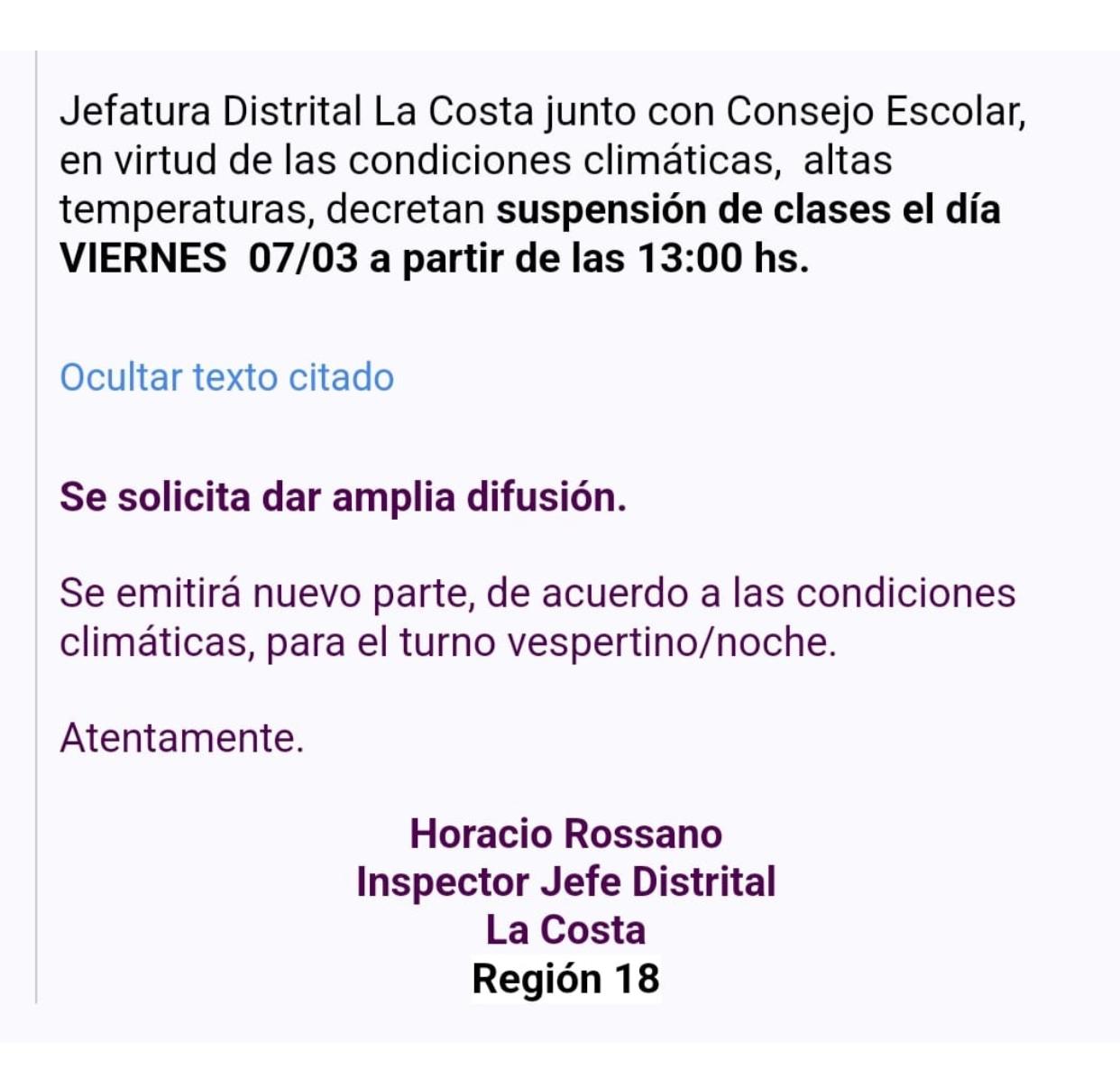 La Costa: Suspenden las clases a partir de las 13 hs. por la ola de calor