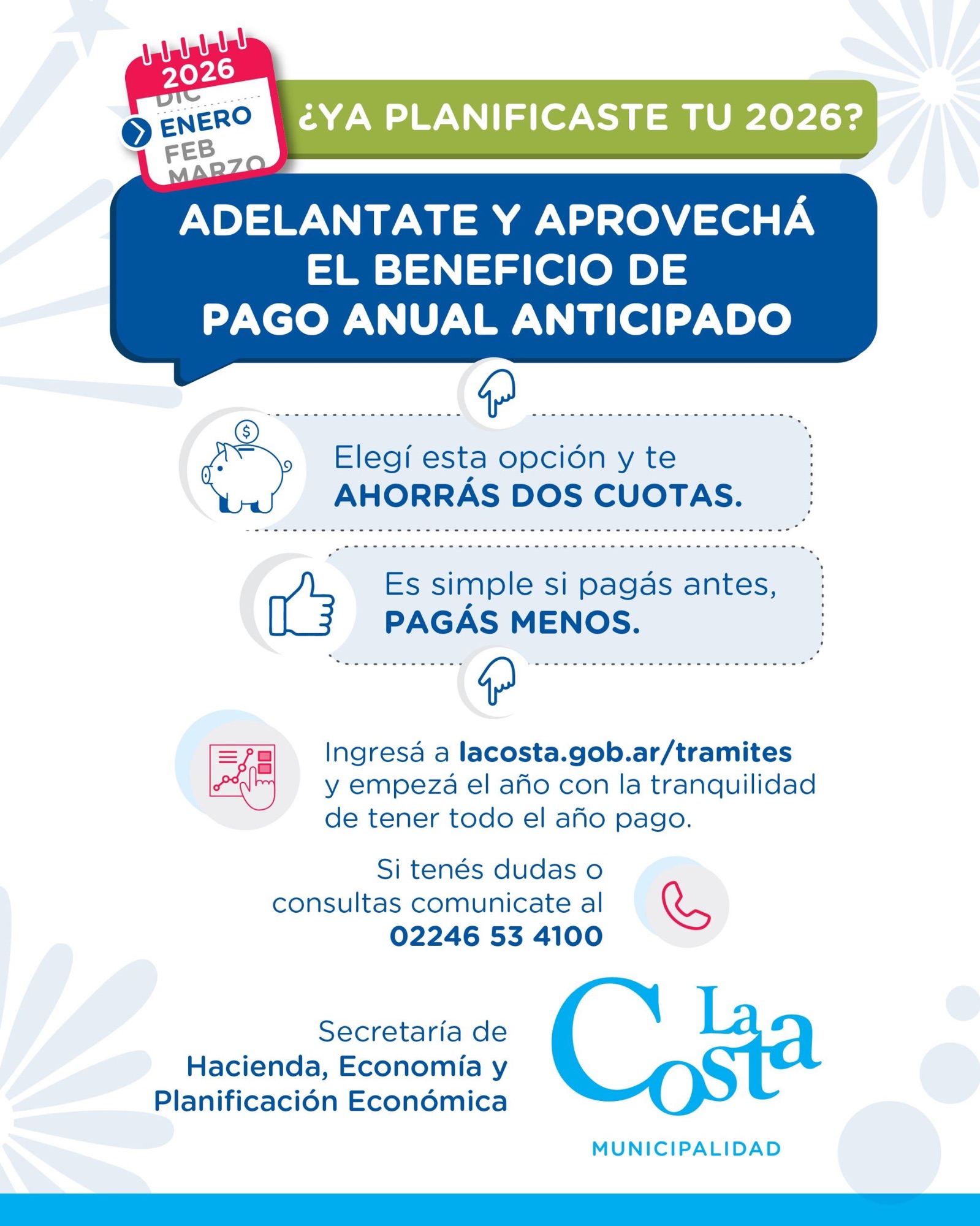 LA MUNICIPALIDAD DE LA COSTA OFRECE DESCUENTOS DE HASTA DOS MESES POR PAGO ANTICIPADO DE TASAS 2026 LA MUNICIPALIDAD DE LA COSTA OFRECE DESCUENTOS DE HASTA DOS MESES POR PAGO ANTICIPADO DE TASAS 2026