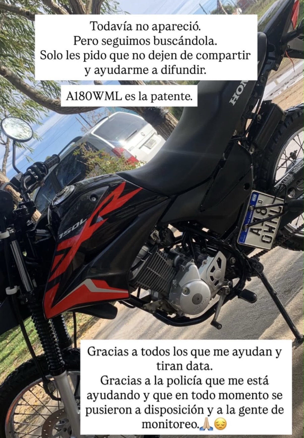 AÚN NO APARECE UNA MOTO HONDA XR 150 QUE ROBARON EN SAN CLEMENTE DEL TUYÚ